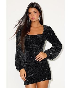 chinese dress ladies Ritz | Black Sequin Plunge-Neck Mini Dress with Long Sleeves