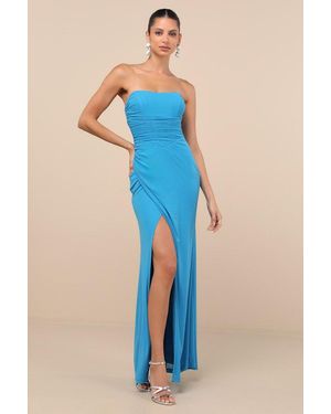 Lulus Epitome Of Allure Bright Mesh Strapless Ruched Maxi Dress - Blue