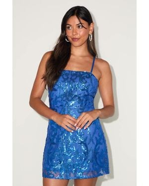 Lulus Divine Energy Sequin Lace-Up A-Line Mini Dress - Blue