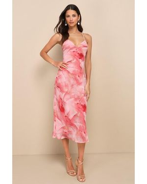 Lulus Bright Charm Abstract Print Chiffon Slip Midi Dress - Pink