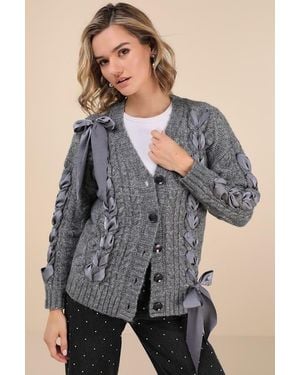 Moon River Hesper Cable Knit Lace-Up Cardigan Sweater - Gray