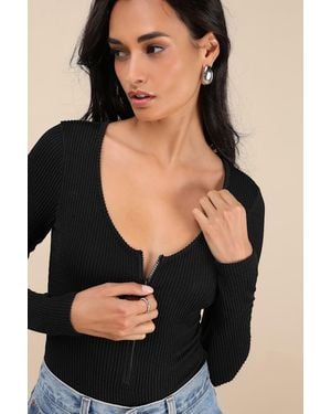 Lulus Najya Ribbed Knit Zip-Front Long Sleeve Bodysuit - Black