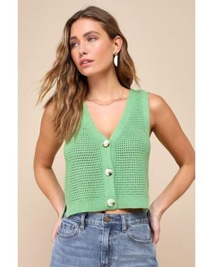 Lulus Aesthetic Ease Pierced Knit Button-Front Cropped Tank Top - Green