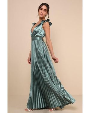 Lulus Exceptional Drama Satin Lace-Up Pleated Maxi Dress - Green