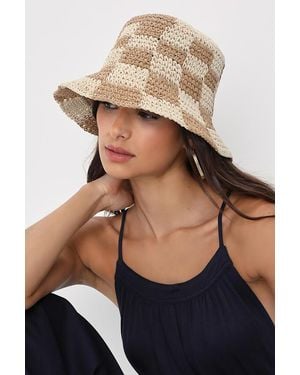 Lulus Sunshine Check And Chequered Straw Bucket Hat - Blue