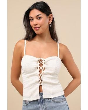 Lulus Annelie Cream Textured Knit Lace-Up Tank Top - White