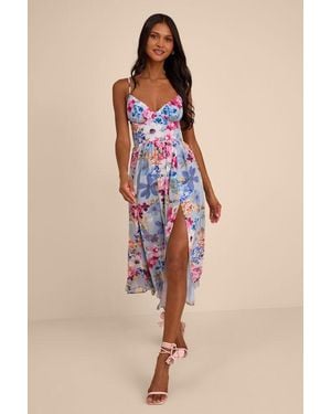 Lulus Alani Multi Floral Lace-Up Midi Dress - Blue