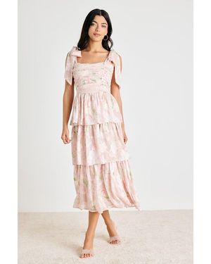 Lulus Baina Blush Floral Jacquard Tiered Midi Dress - Pink