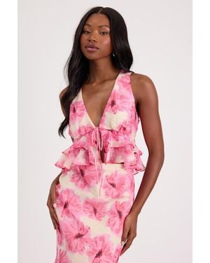 Lulus Lilith Cream And Floral Ruffled Tank Top - Pink