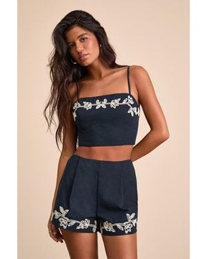 Lulus Sarella Cotton High-Rise Embroidered Shorts - Blue