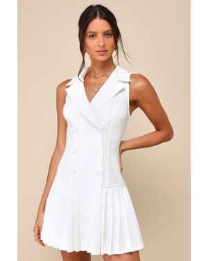 Lulus Posh Vision Sleeveless Blazer Pleated Mini Dress - White