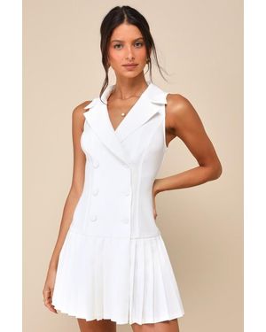 Lulus Posh Vision Sleeveless Blazer Pleated Mini Dress - White