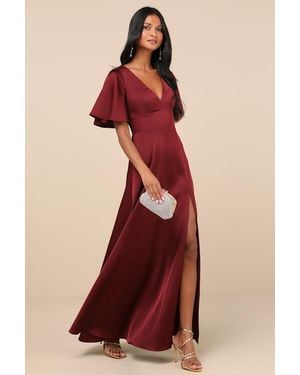 Lulus Elegant Confidence Satin Flutter Sleeve Cutout Maxi Dress - Red