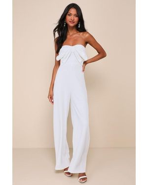 Lulus Gleaming Delight Strapless Pearl Bow Wide-Leg Jumpsuit - Natural