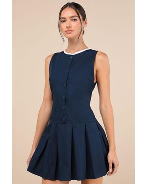 Motel Gitas Cotton Lace Button-Up Drop Waist Mini Dress - Blue
