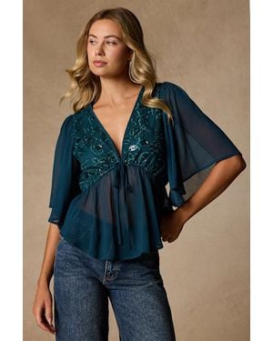 Lulus Dakotah Embroidered Sequin Top - Blue