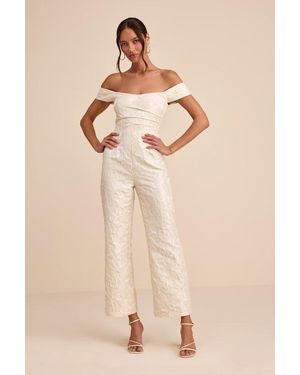 Lulus Jaz Floral Jacquard Off-The-Shoulder Jumpsuit - Natural
