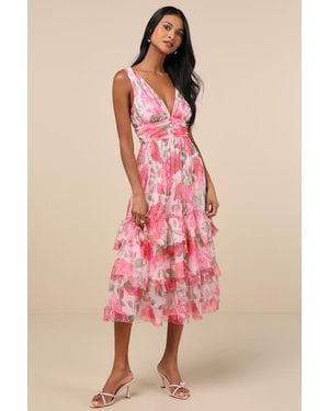 Lulus Perfectly Divine Floral Tulle Tiered Ruffled Midi Dress - Pink