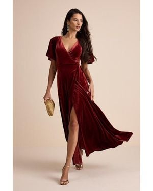 Lulus Defining Elegance Velour Short Sleeve Wrap Maxi Dress - Red