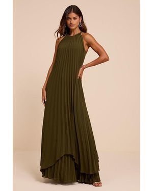 Lulus Dorala Pleated Lace-Up Tiered Maxi Dress - Natural