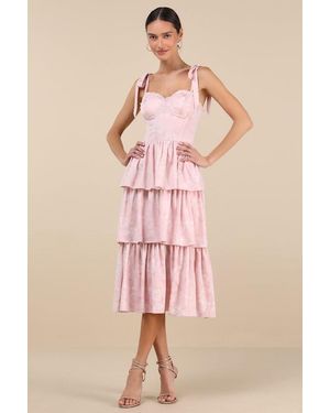Lulus Lovely Bliss Floral Jacquard Strapless Bustier Midi Dress - Pink
