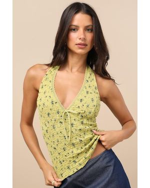 Lulus Aruna Light Floral Textured Knit Halter Top - Green