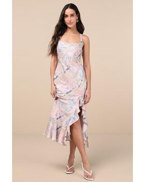 Lulus Hitomi Multi Scarf Print Lace-Up Ruffled Midi Dress - Natural