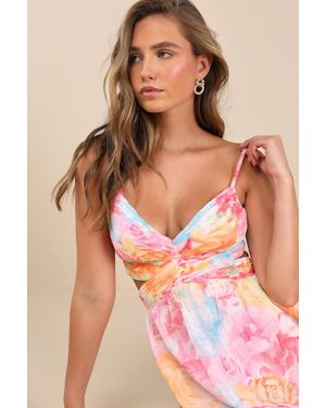 Lulus Ettalie Multi Floral Lace-Up Midi Dress - Pink