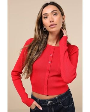 Lulus Adorable Theme Ribbed Knit Cropped Cardigan Sweater Top - Red