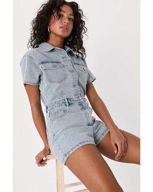 Lulus Festival Feelin' Light Wash Short Sleeve Denim Romper - Blue