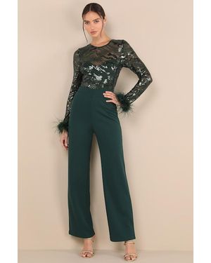 Lulus Limitless Radiance Sequin Feather Long Sleeve Jumpsuit - Blue