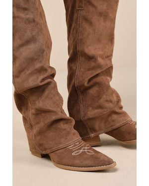 Lulus Emiliya Suede Fold-Over Knee-High Western Boots - Brown