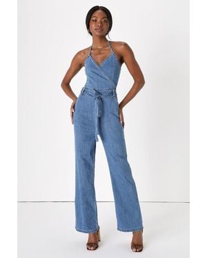 Lulus Flirty Throwback Medium Wash Denim Surplice Halter Jumpsuit - Blue