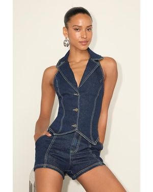 Lulus Lyris Dark Wash Denim Button-Front Collared Halter Top - Blue
