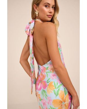 Lulus Glowing Presence Floral Satin Halter Maxi Dress - Blue