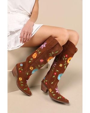 Dingo Flower Power Suede Embroidered Knee-High Western Boots - Brown