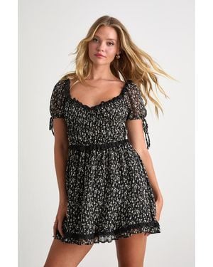 Lulus Adoring Moment Floral Lace Ruffled Puff Sleeve Mini Dress - Black