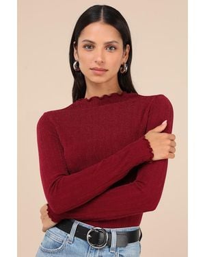 Lulus Charmed Vibes Ribbed Lettuce Edge Long Sleeve Top - Red