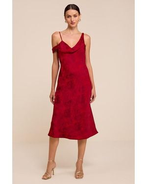 Lulus Cavani Satin Asymmetrical Midi Dress - Red