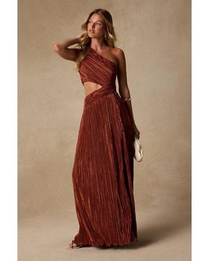 Lulus Rocca Rust Plisse Pleated Cutout One-Shoulder Maxi Dress - Orange
