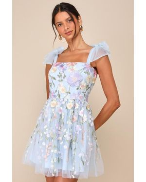 Lulus Classic Romance 3D Floral Applique Tie-Strap Mini Dress - Blue