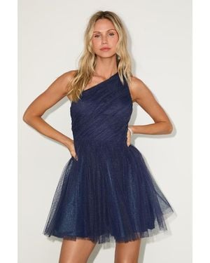 Lulus Exceptional Moments Swiss Dot One-Shoulder Mini Dress - Blue