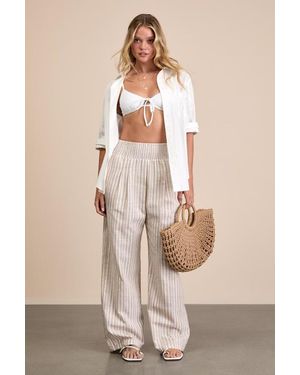 Lulus Breezy Getaway Striped Linen Wide-Leg Trousers - Natural