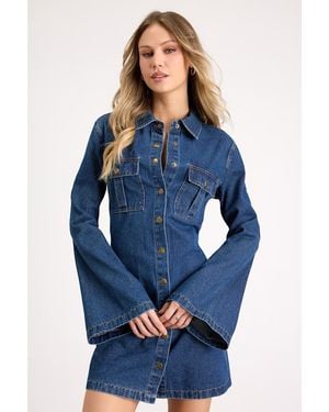 Lulus Amita Medium Wash Button-Front Bell Sleeve Mini Dress - Blue