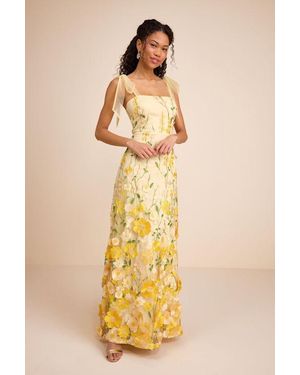 Lulus Thriving Poise 3D Floral Embroidered Tie-Strap Maxi Dress - Yellow