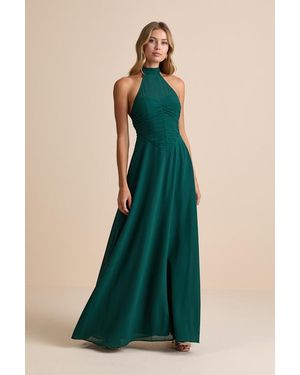 Lulus Cammie Emerald Halter Neck Ruched Maxi Dress - Green