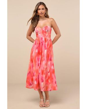 Lulus Aysel Abstract Strapless Bustier Midi Dress - Pink