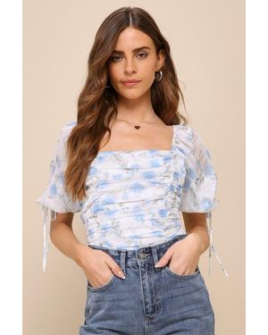Lulus Sweet Choice Floral Burnout Ruched Puff Sleeve Bodysuit - Blue