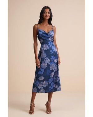Lulus Favorite Icon Floral Satin Cowl Neck Slip Midi Dress - Blue