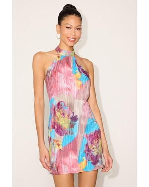 Lulus Misha Multi Floral Pleated Halter Mini Dress - Red
